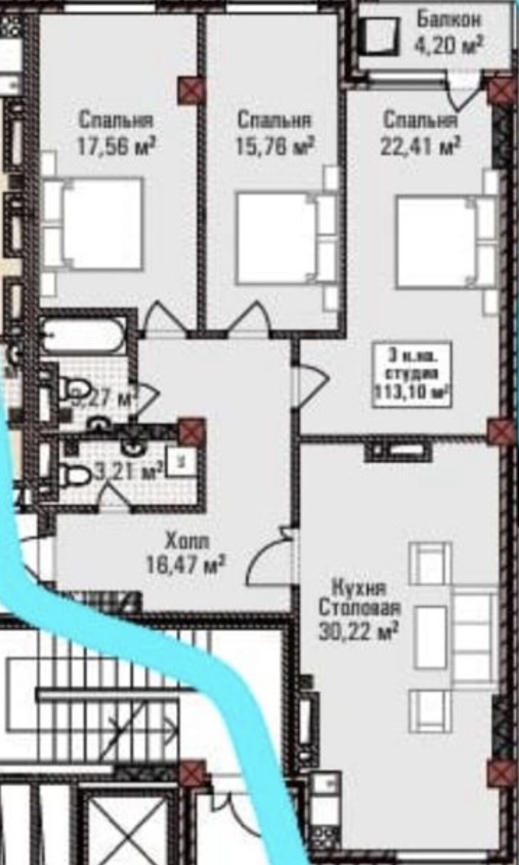 Студия, 113 м², Элитка, 3 этаж, ПСО (под самоотделку): фото 3