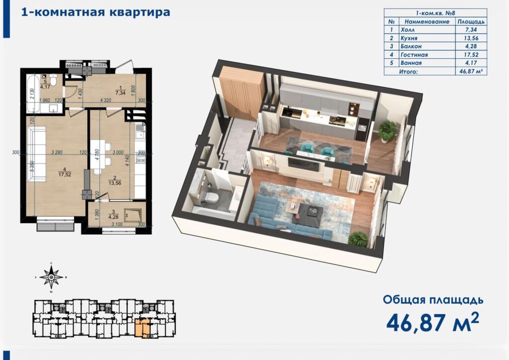 1 комната, 47 м², Кок-Жар мкр 5 этаж, ПСО (под самоотделку): фото 2