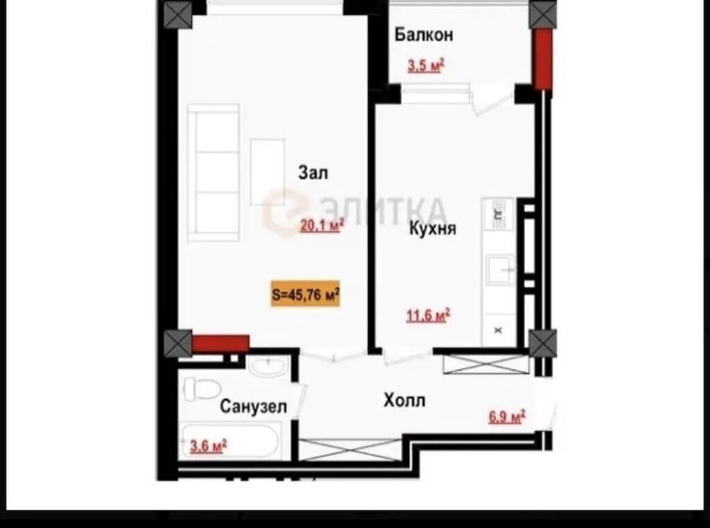 1 комната, 45 м², парк Фучика Элитка, 9 этаж, ПСО (под самоотделку): фото 7