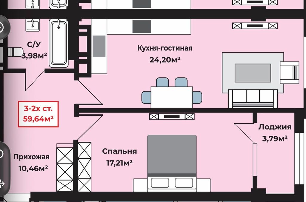 2 комнаты, 59 м², Ала-Арча ТРЦ Элитка, 2 этаж, ПСО (под самоотделку): фото 2