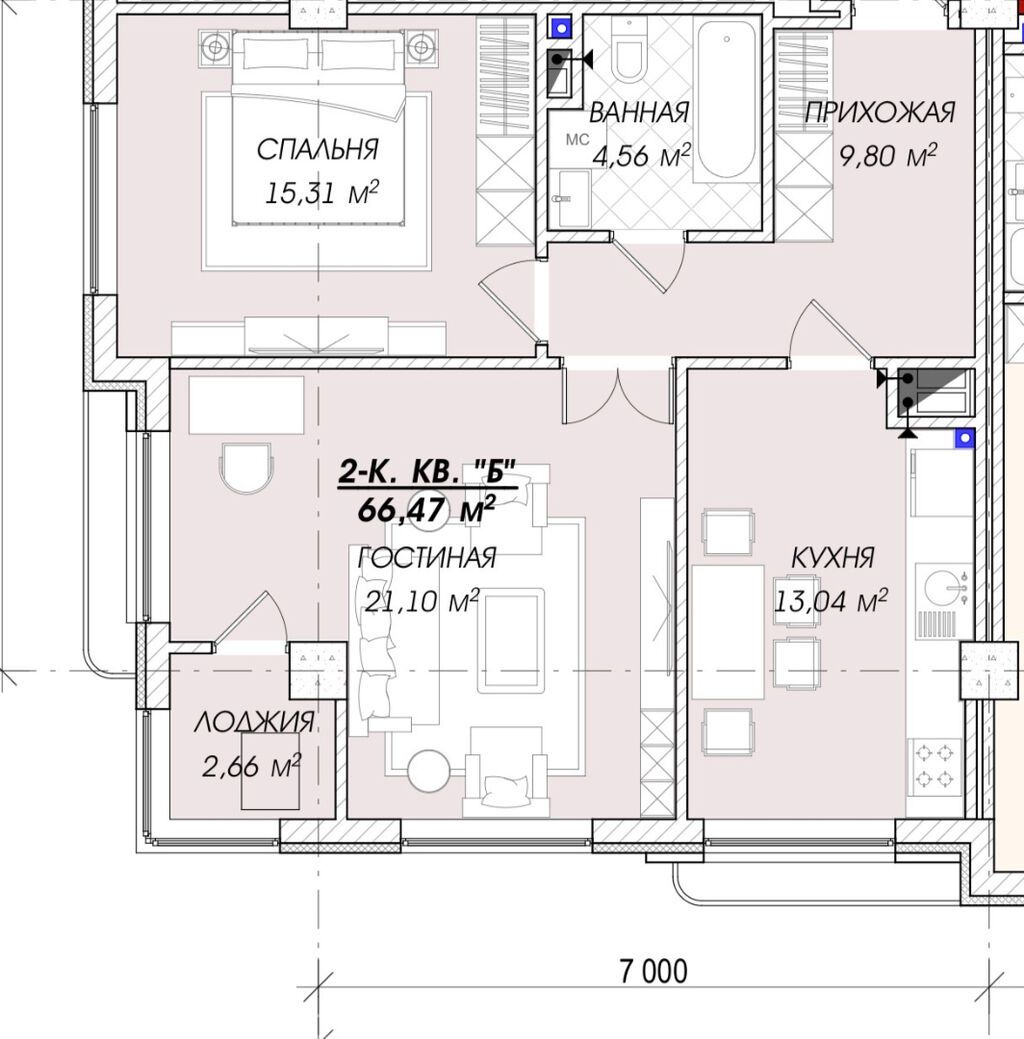 2 комнаты, 67 м², Азия Молл Элитка, 7 этаж, ПСО (под самоотделку): фото 3