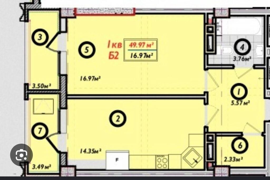 2 комнаты, 50 м², Асанбай мкр Элитка, 8 этаж, ПСО (под самоотделку): фото 3