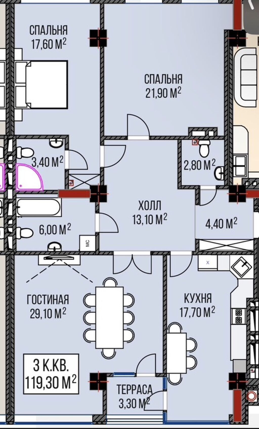 3 комнаты, 119 м², Асанбай мкр Элитка, 2 этаж, ПСО (под самоотделку): фото 4