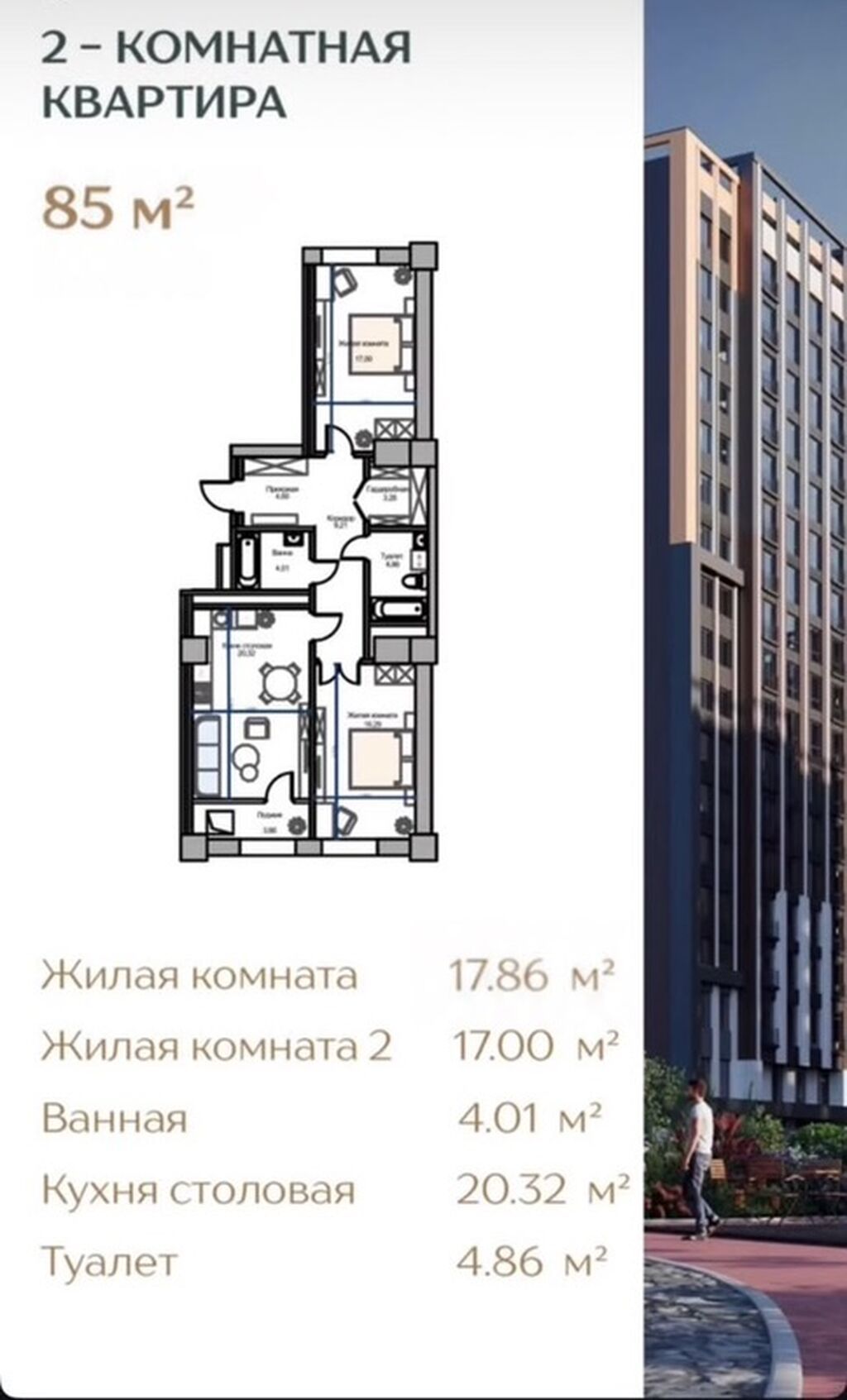 2 комнаты, 85 м², Элитка, 11 этаж, ПСО (под самоотделку) — фото 1