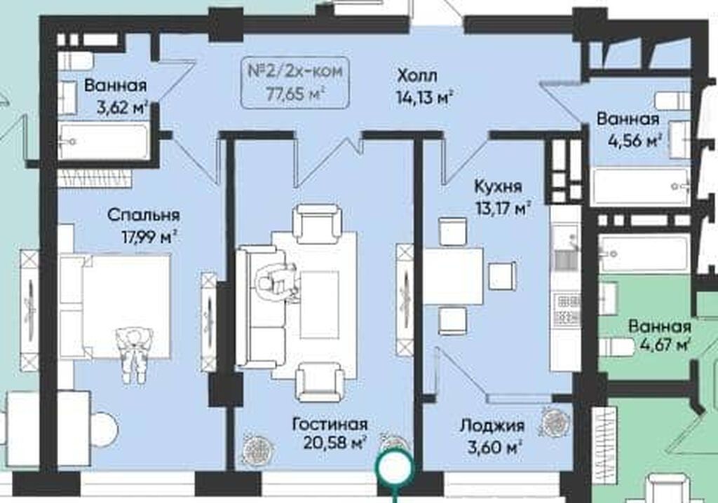 2 комнаты, 79 м², Тунгуч мкр Элитка, 13 этаж, ПСО (под самоотделку): фото 2