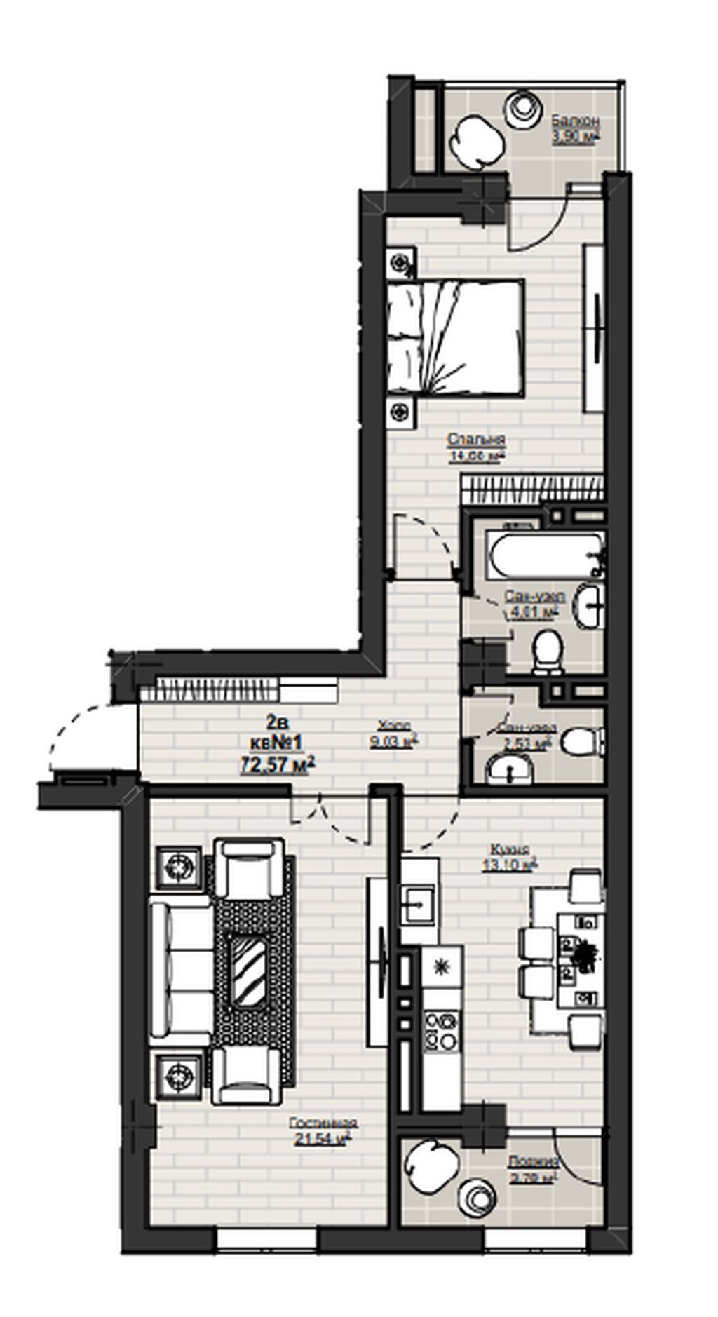2 комнаты, 72 м², Асанбай мкр Элитка, 2 этаж, ПСО (под самоотделку): фото 6