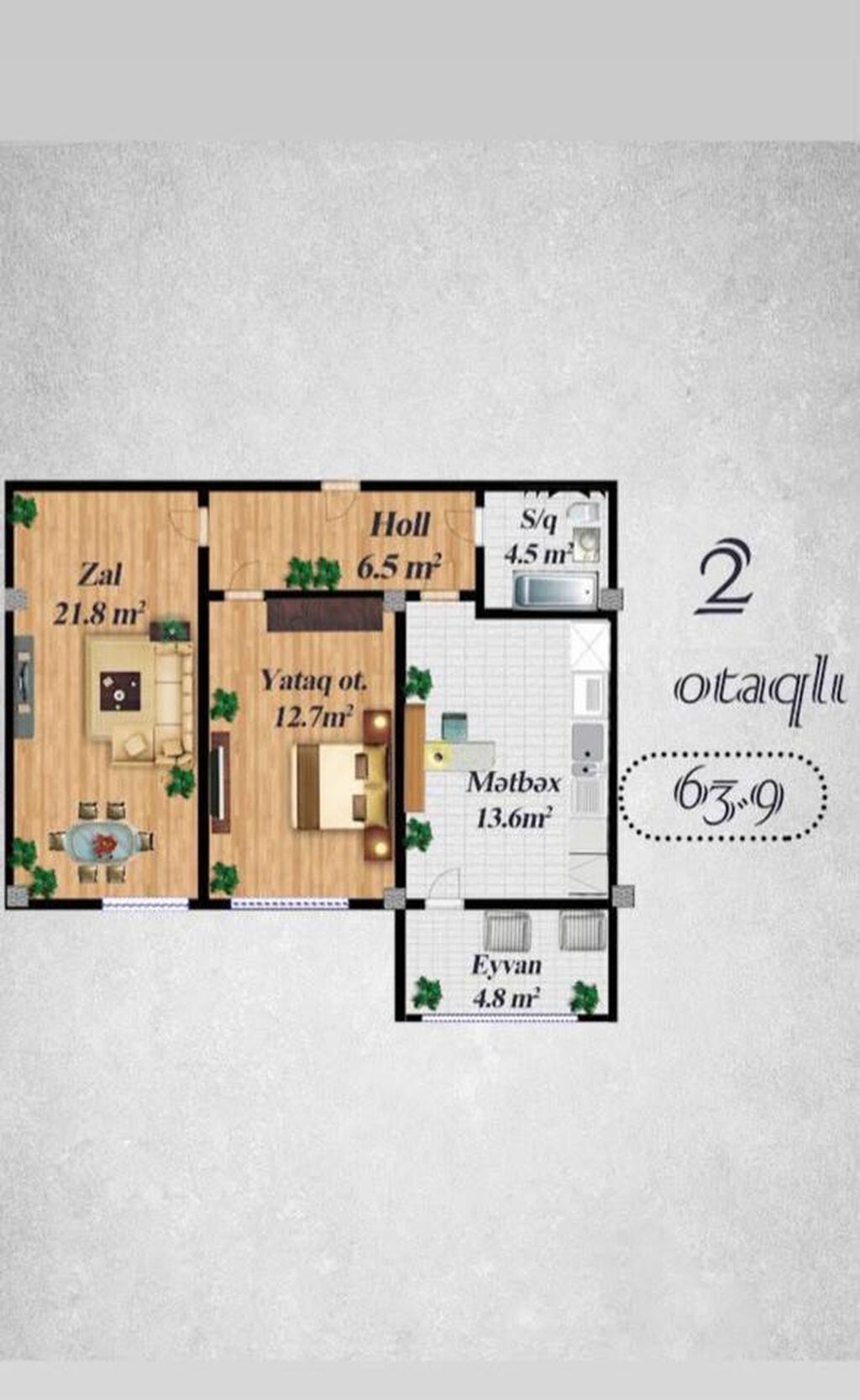2 otaqlı, Yeni tikili, 64 kv. m