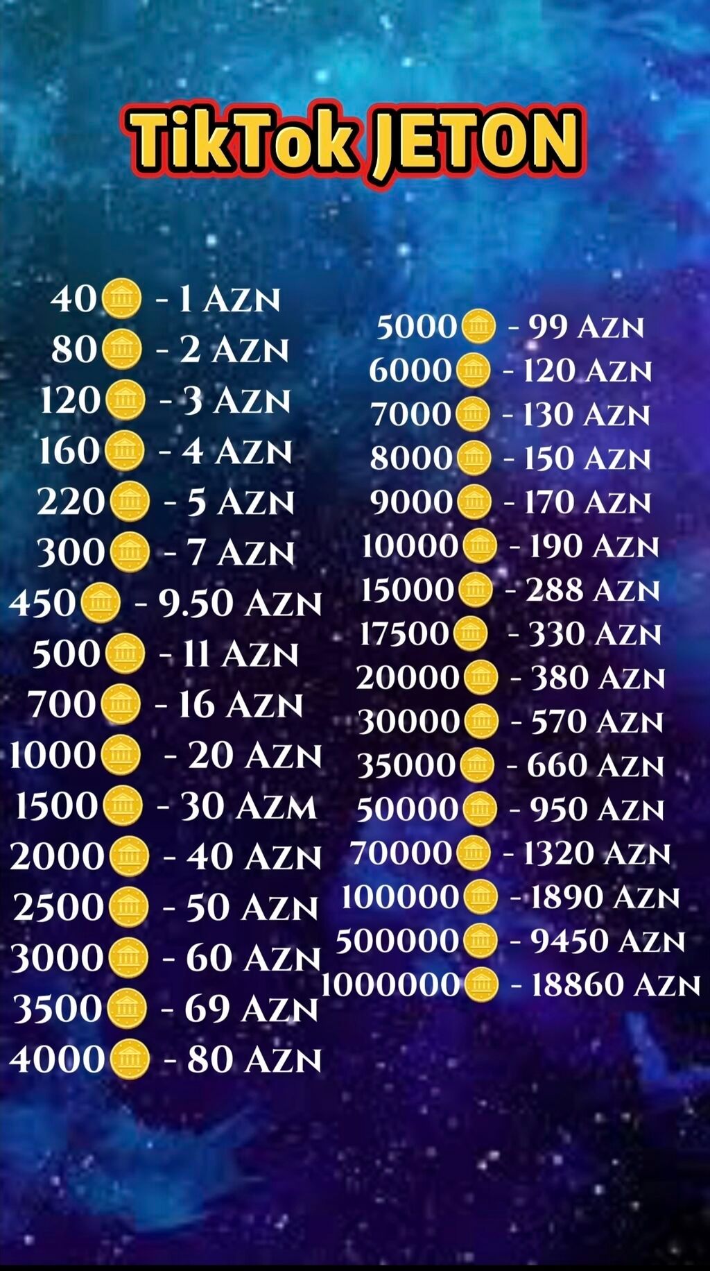 Hədiyyələr: TikTok Jeton satışı Mövcud paketlər və qiymətlər: - 40 jeton – 1 AZN