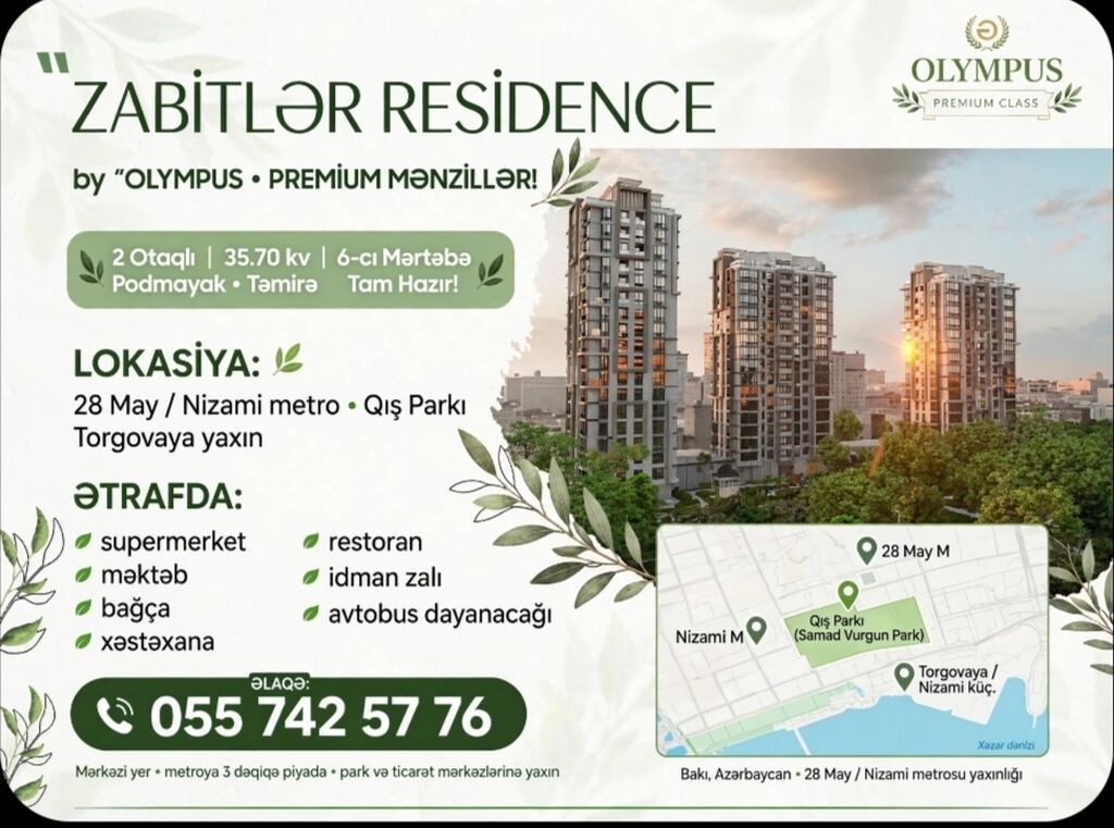 Yeni tikili binada podmayak mənzil. Sahəsi 36kvm Zabitlər olyumlus