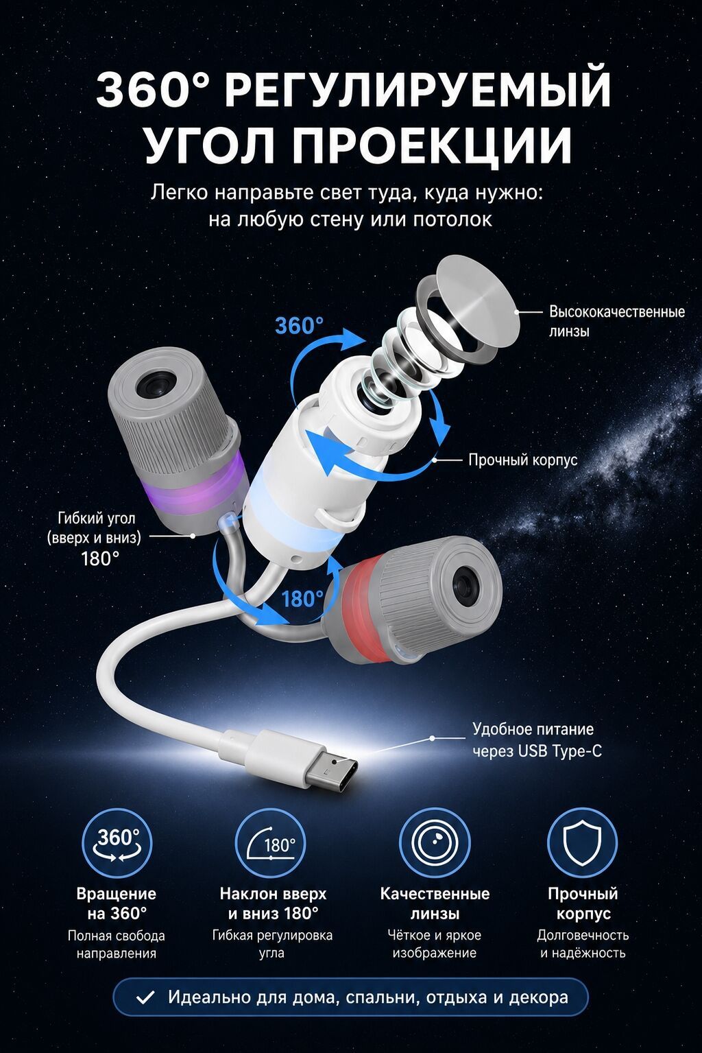 4K USB‑проектор звёздного неба — ночник с проекцией, модель JN‑175: фото 2