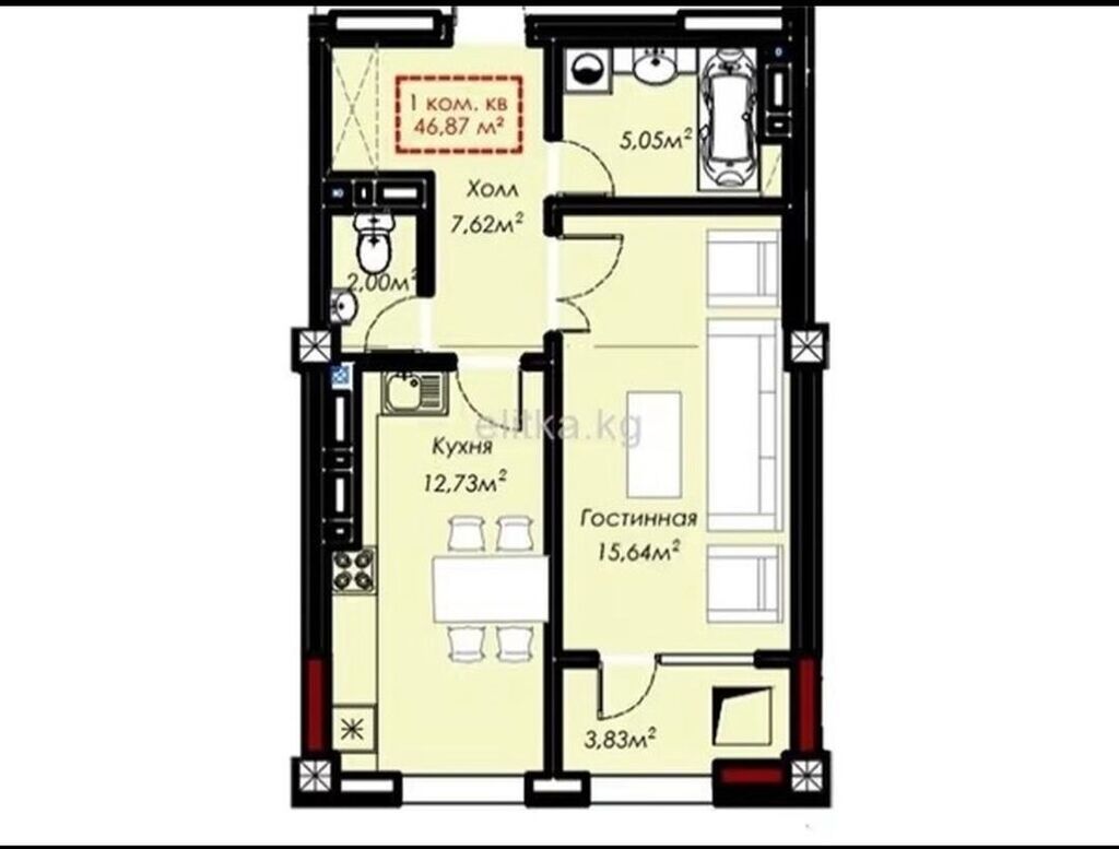 1 комната, 47 м², Тунгуч мкр Элитка, 7 этаж, ПСО (под самоотделку): фото 3