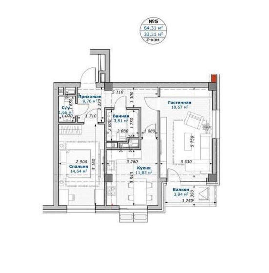 2 комнаты, 65 м², Элитка, 2 этаж, Дизайнерский ремонт: фото 8
