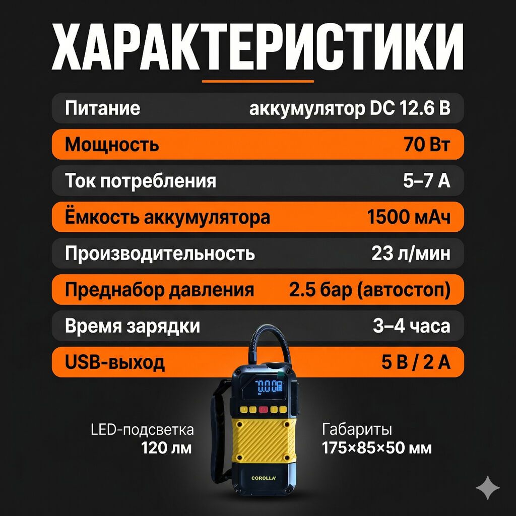 Портативный насос-компрессор COROLLA - Работает без проводов: фото 4