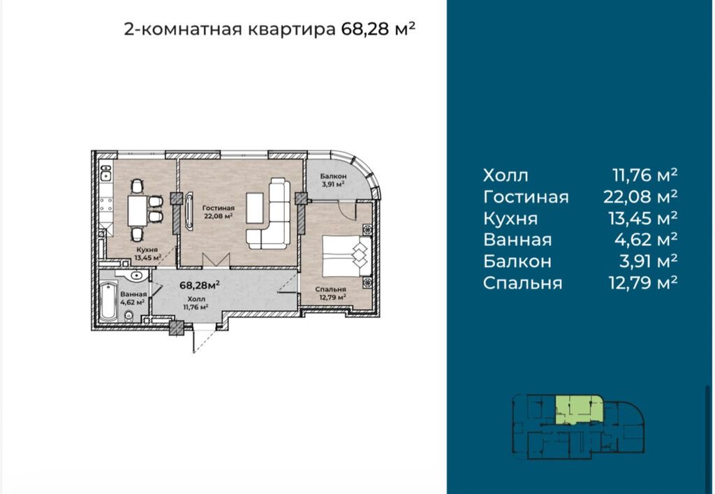 2 комнаты, 68 м², Кок-Жар ж/м Элитка, 7 этаж, ПСО (под самоотделку): фото 3