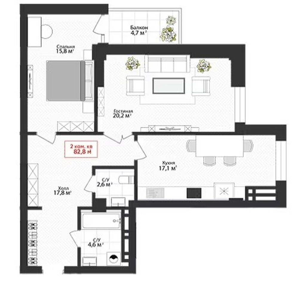 2 комнаты, 84 м², Рабочий Городок Элитка, 9 этаж, ПСО (под самоотделку): фото 4