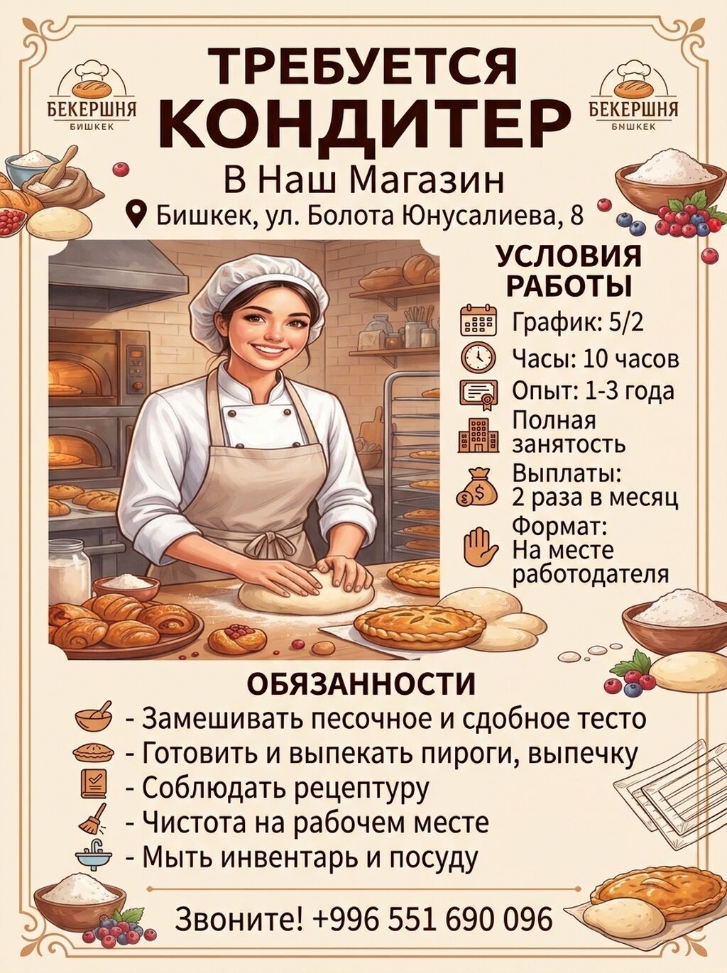 Требуется кондитер в кулинарию «Арман»