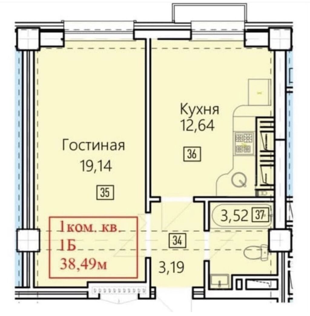 1 комната, 39 м², Асанбай мкр Элитка, 3 этаж, ПСО (под самоотделку): фото 7