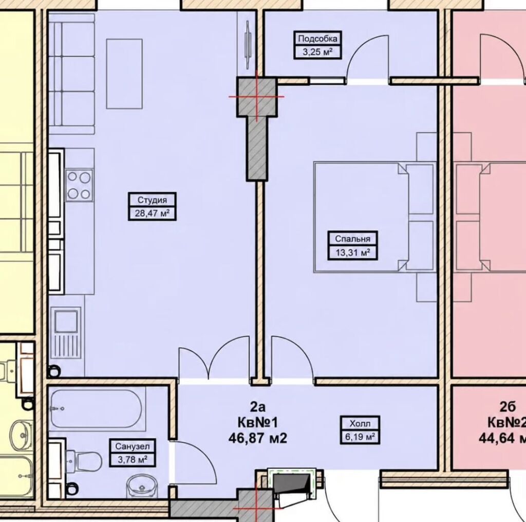 2 комнаты, 47 м², Асанбай мкр Элитка, 7 этаж, ПСО (под самоотделку): фото 1