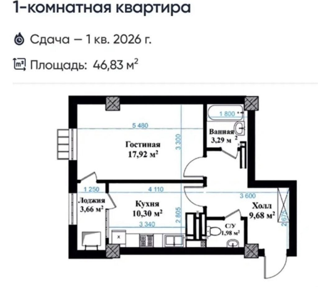 1 комната, 47 м², Пишпек Индивидуалка, 8 этаж, ПСО (под самоотделку): фото 1