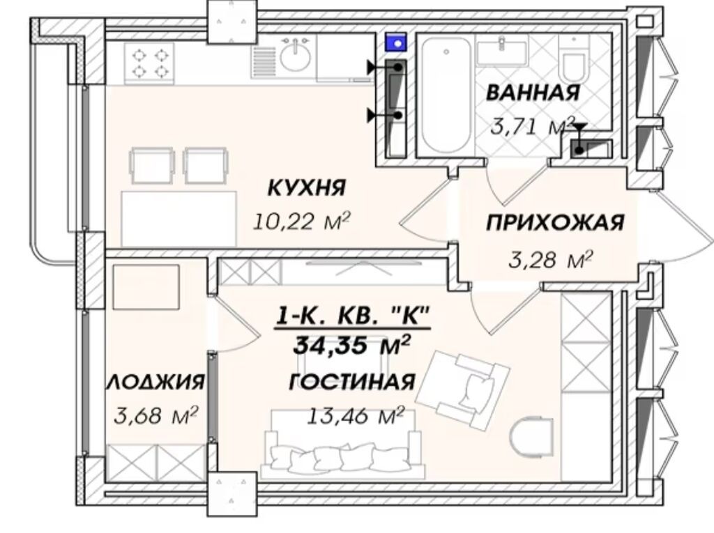 1 комната, 35 м², Азия Молл Элитка, 5 этаж, ПСО (под самоотделку): фото 3