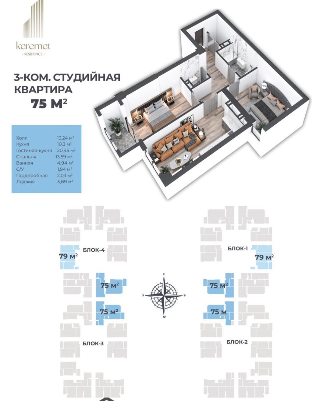 3 комнаты, 75 м², ул. Ахунбаева / Чапаева Элитка, 7 этаж, ПСО (под самоотделку): фото 2