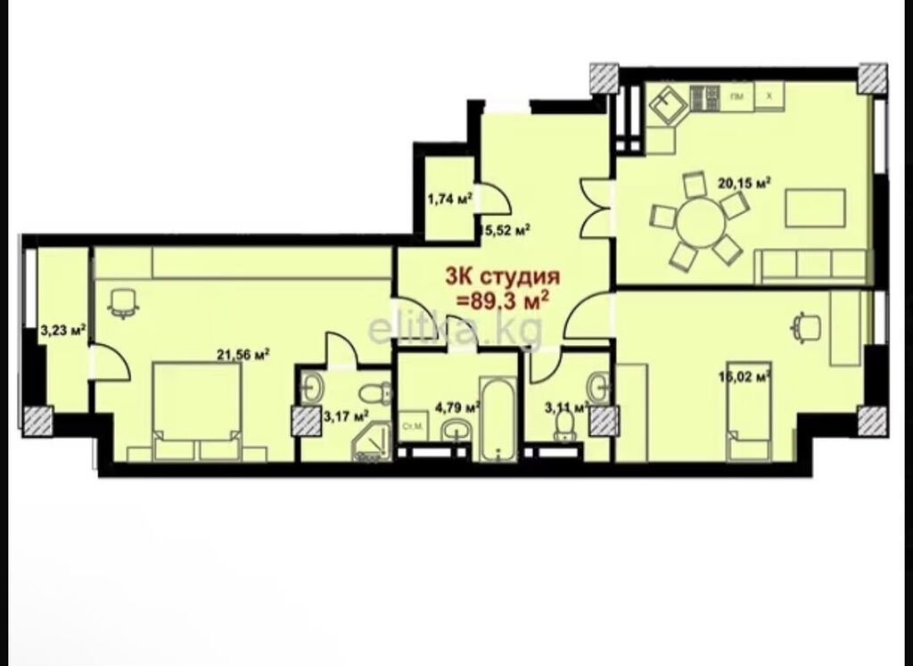 3 комнаты, 87 м², Кок-Жар ж/м Элитка, 12 этаж, ПСО (под самоотделку): фото 2