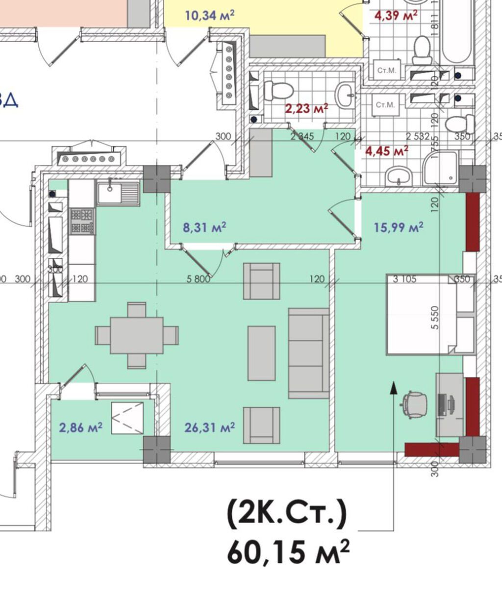 2 комнаты, 60 м², Асанбай мкр Элитка, 14 этаж, ПСО (под самоотделку): фото 3