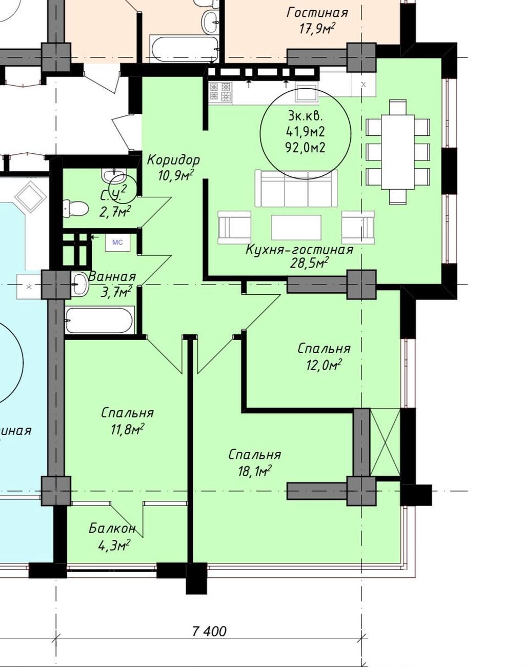 3 комнаты, 92 м², Шлагбаум Элитка, 8 этаж, ПСО (под самоотделку): фото 2