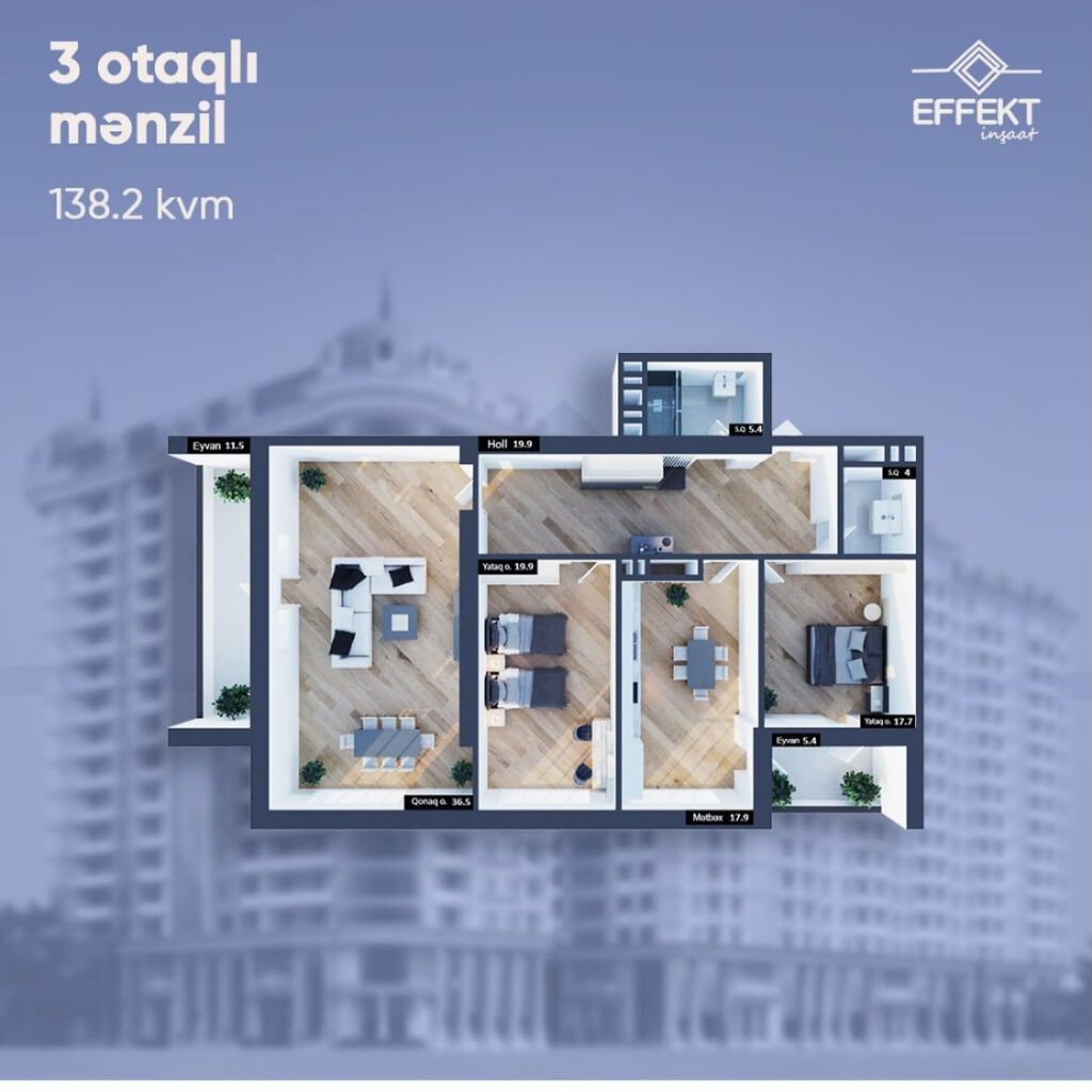 3 otaqlı, Yeni tikili, 137 kv. m