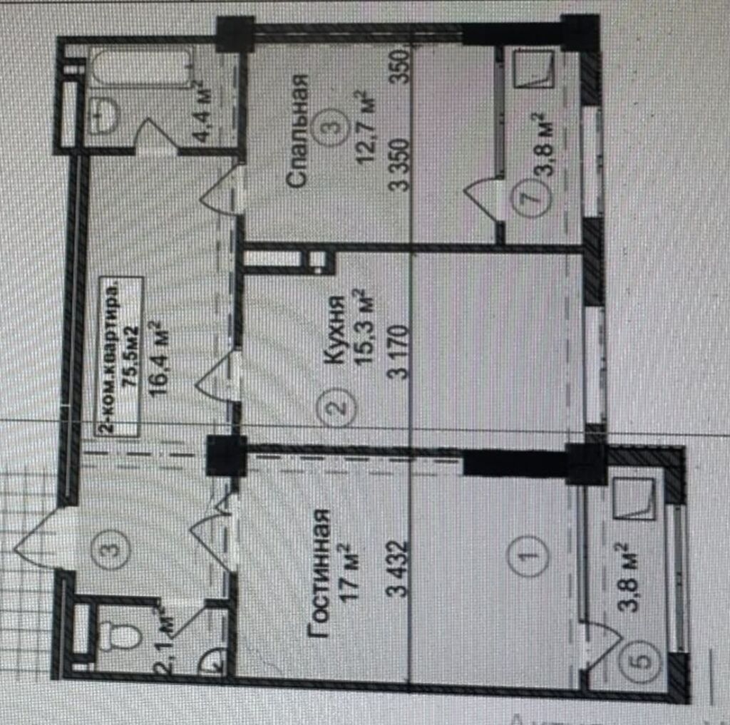 2 комнаты, 76 м², Манас-Ата мкр., Элитка, 10 этаж, ПСО (под самоотделку): фото 2