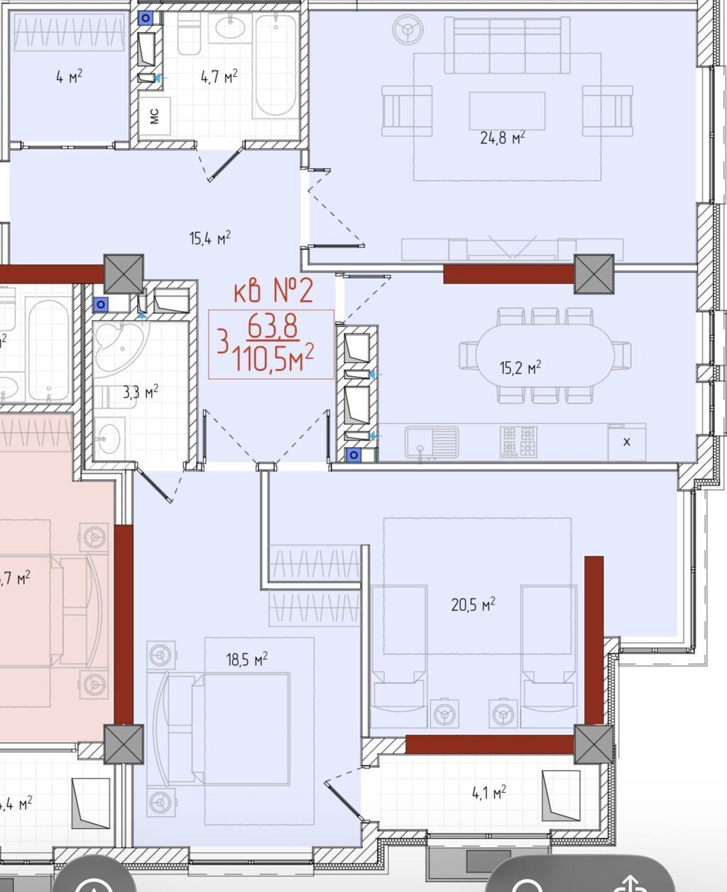 3 комнаты, 111 м², 10 мкр Элитка, 7 этаж, ПСО (под самоотделку): фото 5