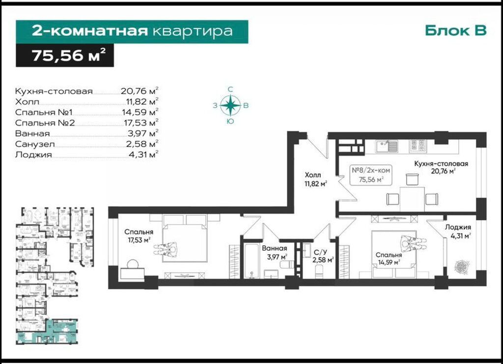 2 комнаты, 77 м², Тунгуч мкр Элитка, 15 этаж, ПСО (под самоотделку): фото 2