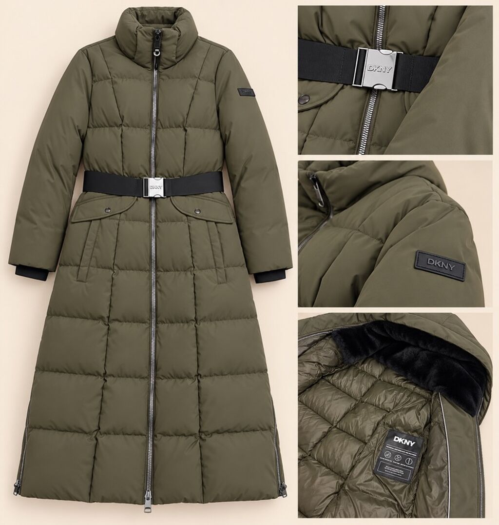 DKNY qadın uzun puff gödəkçə – zeytun-yaşıl rəngdə - Model: uzun, düz
