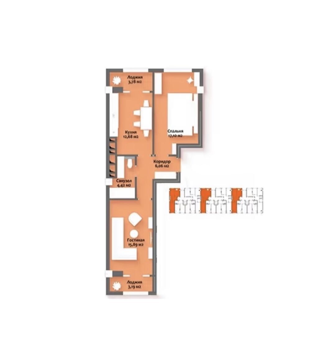 2 комнаты, 65 м², Элитка, 8 этаж, ПСО (под самоотделку): фото 2