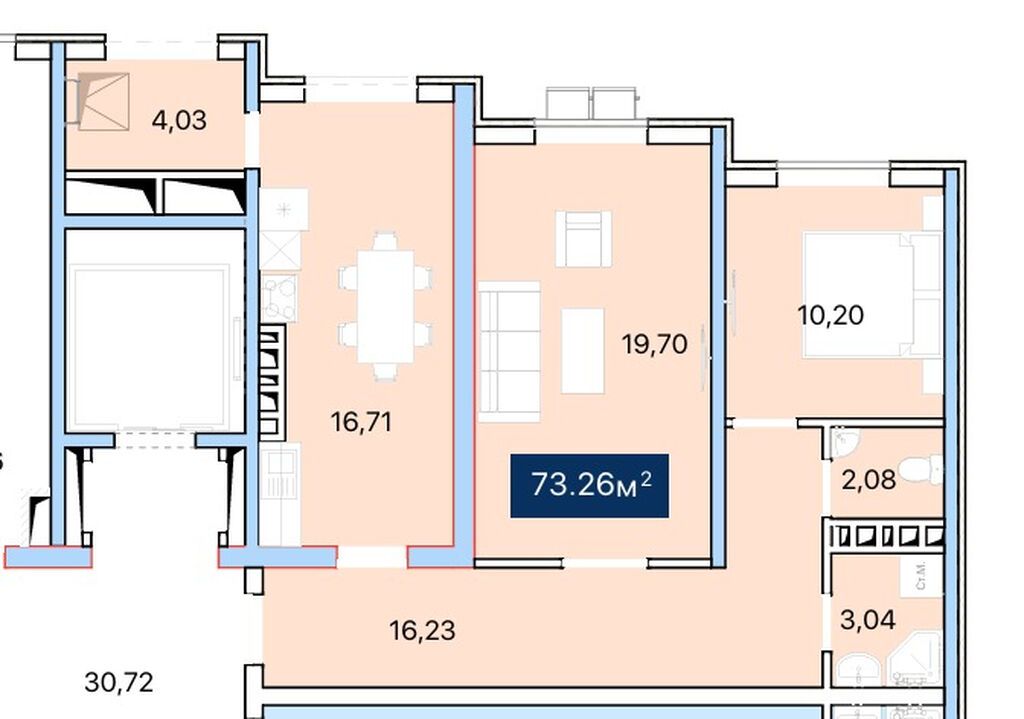 2 комнаты, 73 м², Пригородное с. Элитка, 4 этаж, ПСО (под самоотделку): фото 3