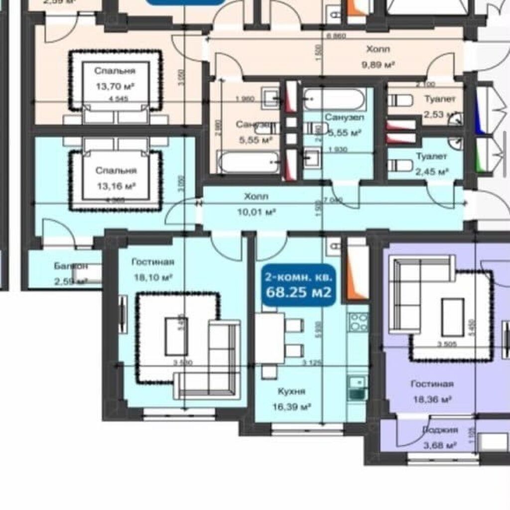 2 комнаты, 68 м², Кок-Жар ж/м Элитка, 10 этаж, ПСО (под самоотделку): фото 2