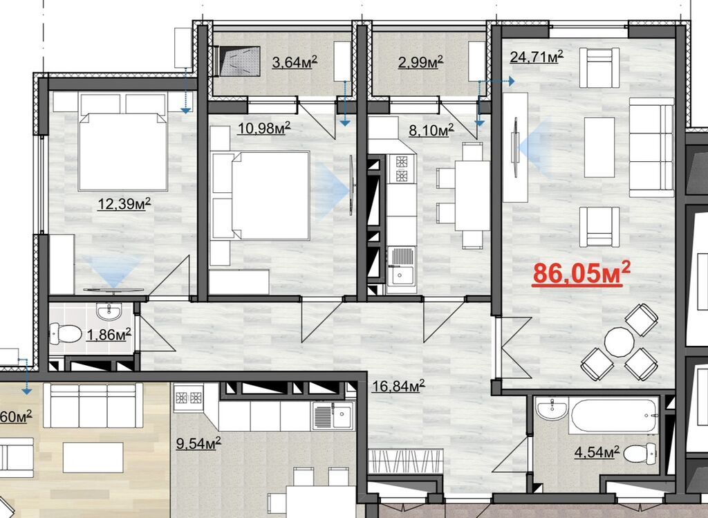 3 комнаты, 87 м², Пишпек Элитка, 12 этаж, ПСО (под самоотделку): фото 3