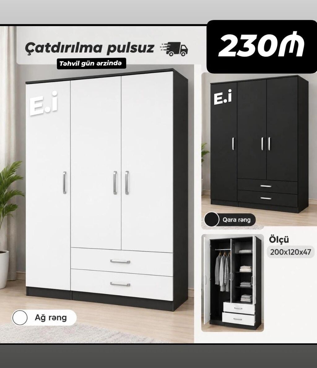 3 qapılı paltar dolabı - Ölçü: 200 x 120 x 47 sm - Daxili quruluş: 1