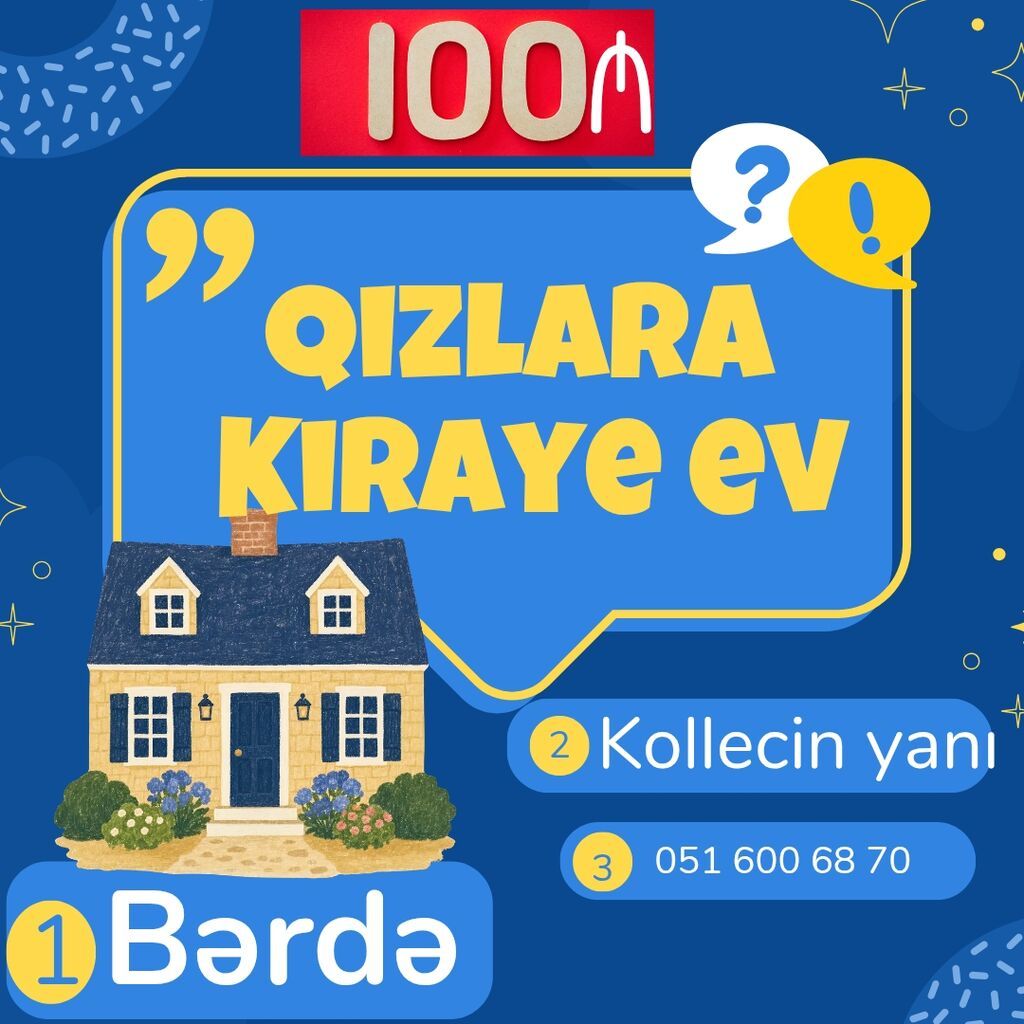 Bərdə şəhərində qızlar üçün kirayə ev.Yer: Kollecin yanı (mərkəzə