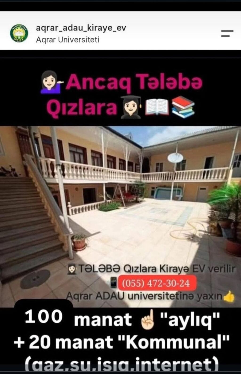 Yalnız tələbə qızlar üçün kirayə otaqlar – ADAU/Aqrar Universitetinə
