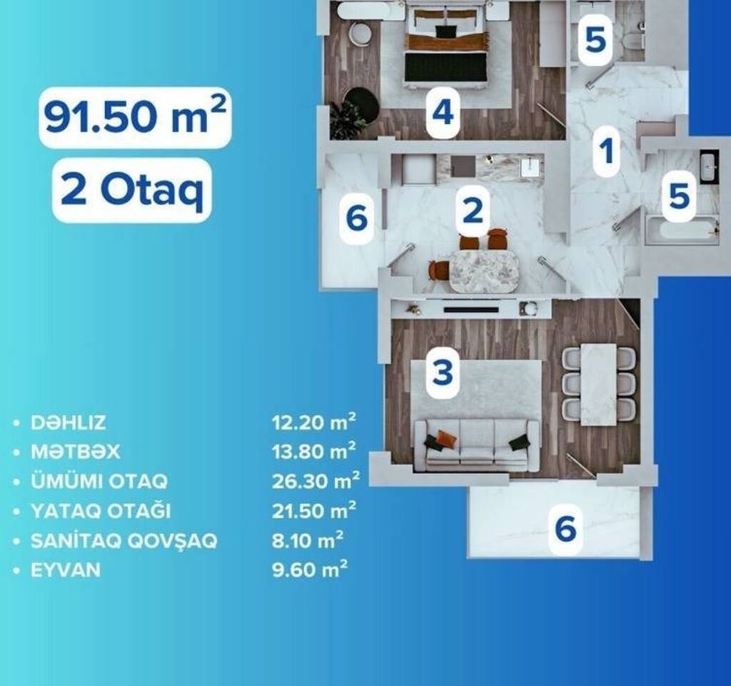 2 otaqlı, Yeni tikili, m. Azadlıq Prospekti, 92 kv. m
