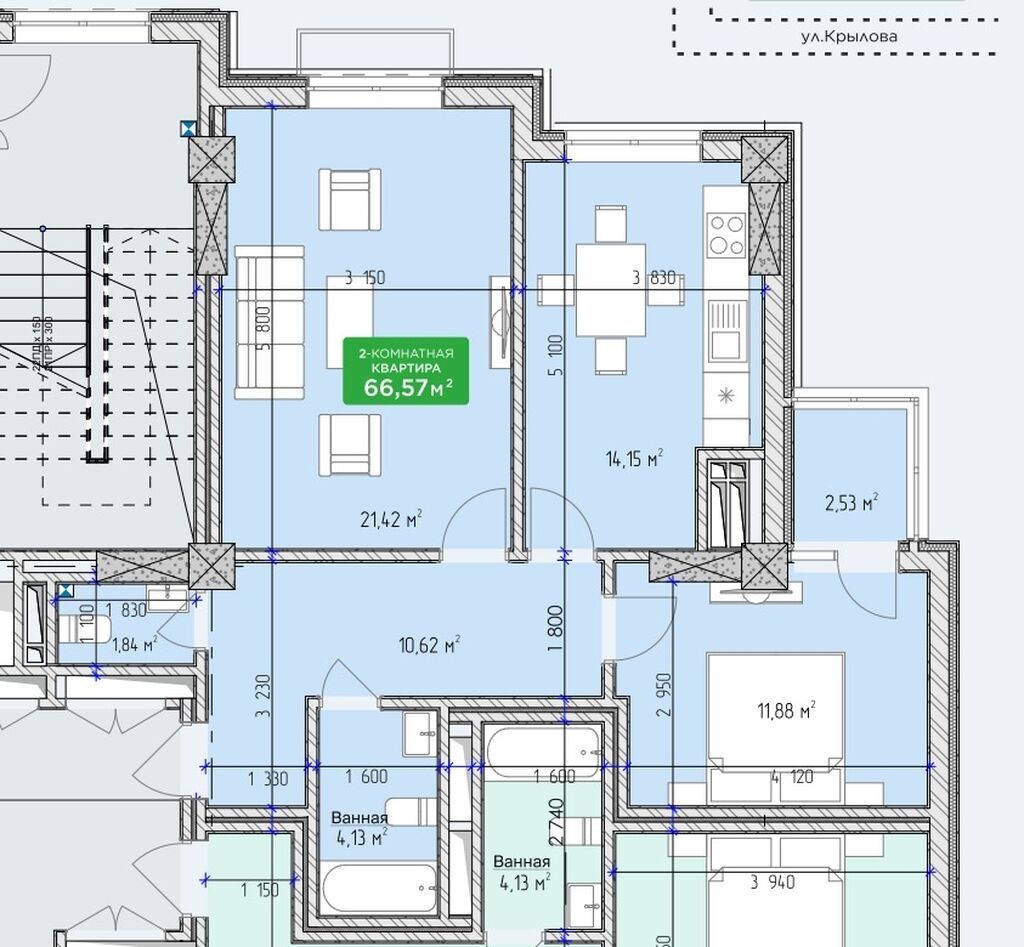 2 комнаты, 66 м², Пишпек Элитка, 3 этаж, ПСО (под самоотделку): фото 8