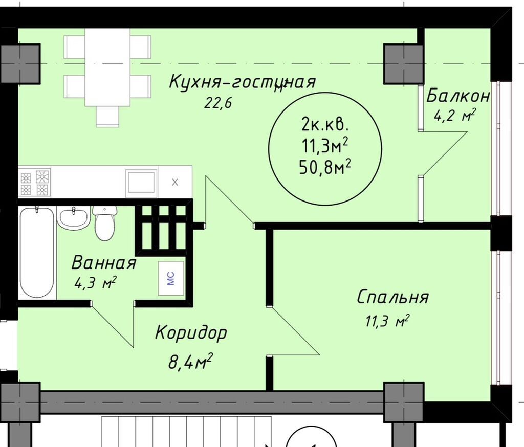 1 комната, 50 м², 5 этаж, ПСО (под самоотделку): фото 2