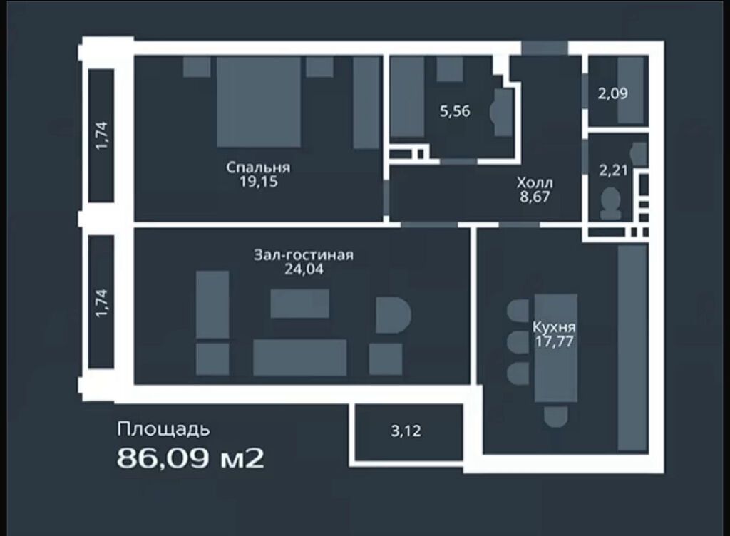 2 комнаты, 86 м², Золотой квадрат Элитка, 14 этаж, ПСО (под самоотделку): фото 2