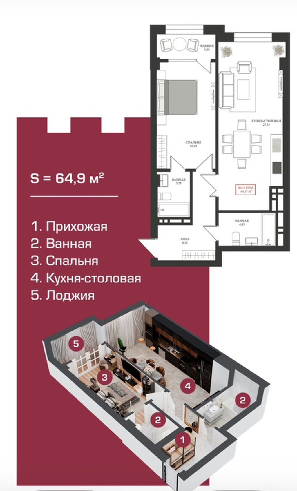 1‑комнатная квартира в современном доме. Общая площадь — 64,9 м²: фото 2