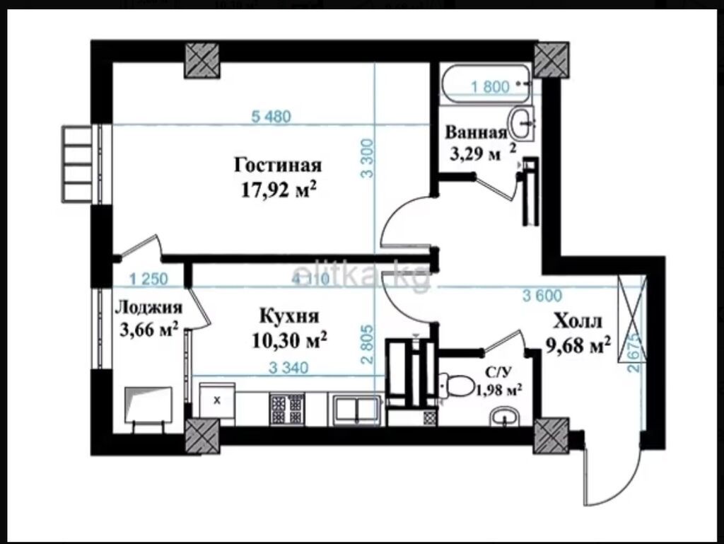 1 комната, 46 м², Пишпек Элитка, 14 этаж, ПСО (под самоотделку): фото 2