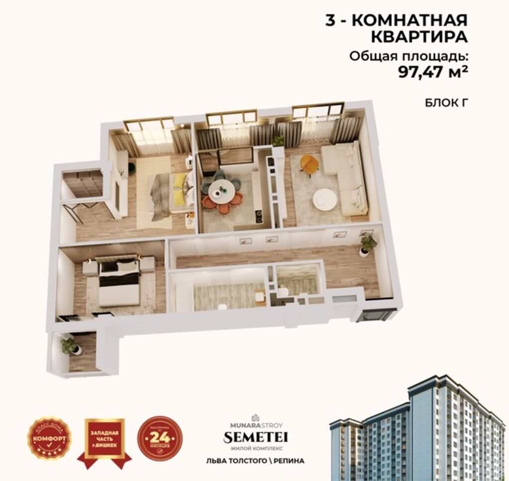 3 комнаты, 97 м², Элитка, 9 этаж, ПСО (под самоотделку): фото 2
