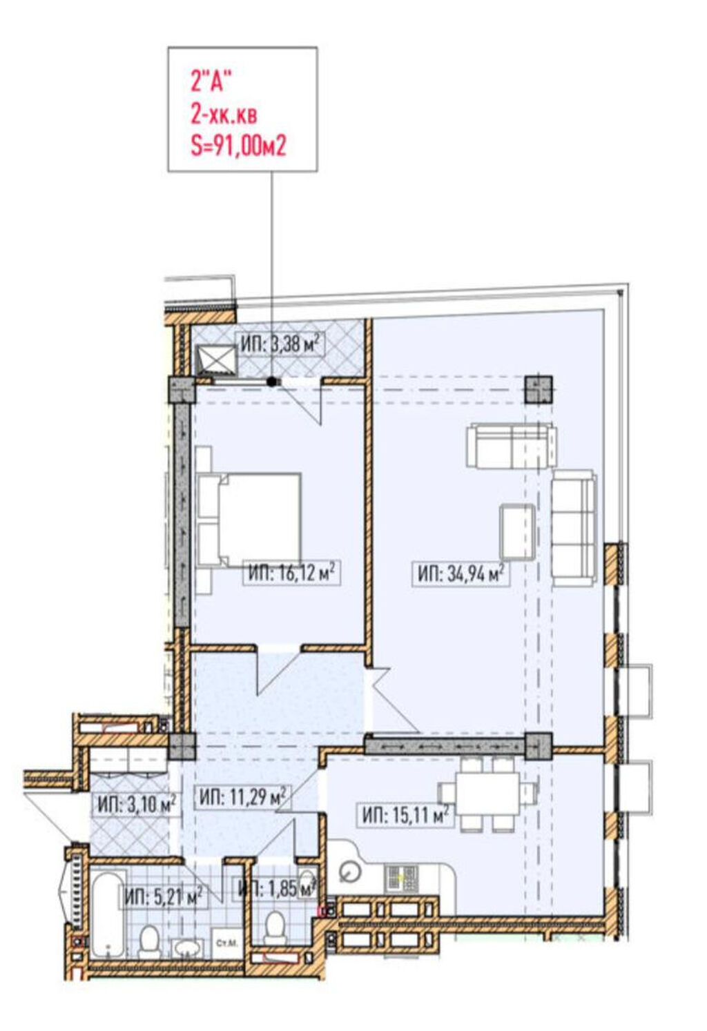 2 комнаты, 91 м², Асанбай мкр Элитка, 4 этаж, ПСО (под самоотделку): фото 2
