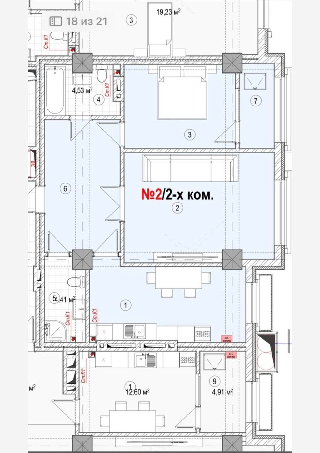 2 комнаты, 75 м², Асанбай мкр Элитка, 7 этаж, ПСО (под самоотделку): фото 3