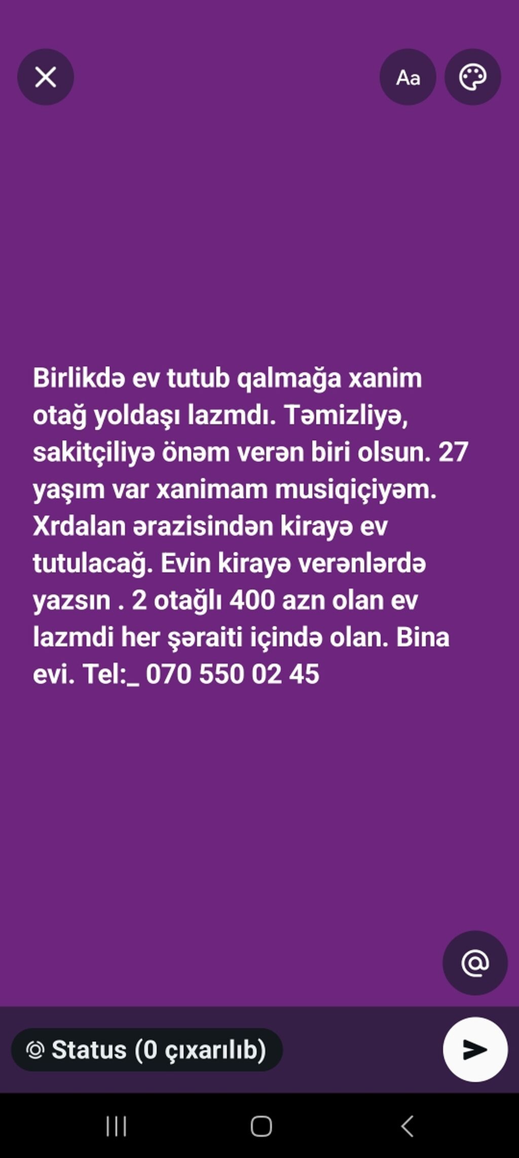 Xırdalanda birlikdə ev tutmaq üçün xanım otaq yoldaşı axtarılır